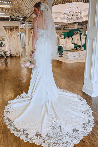 omberprom Elegant Lace Strapless Mermaid Long Wedding Dress