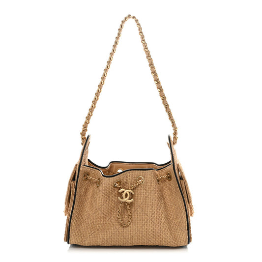 Braided Raffia Calfskin Quilted Mini Chanel 25 Handbag Beige Black