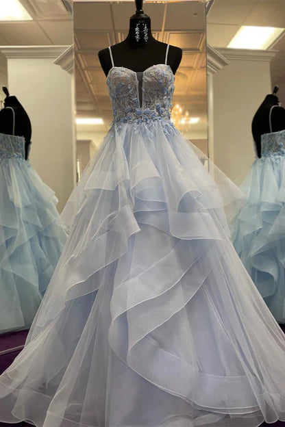 omberprom Blue Wedding Guest Dresses Straps Layers Floral A-line Long Prom Dress