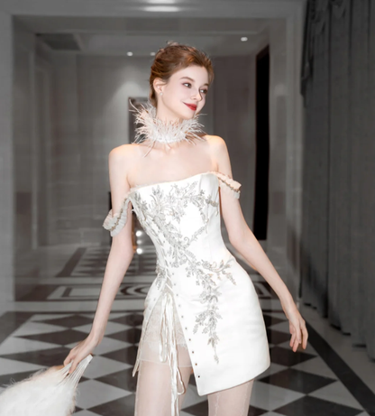 White tube top Chinese embroidery waist slim A-line short skirt homecoming dress R4196