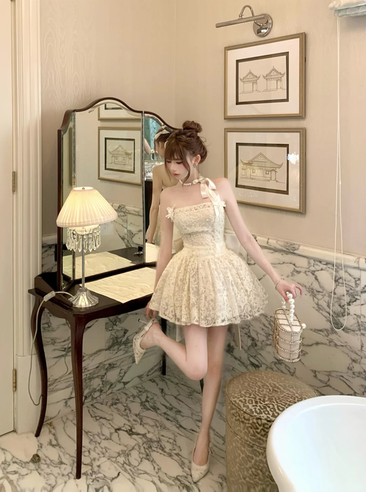 White tube top lace waist slim fit sexy puffy big skirt short skirt homecoming dress R4235