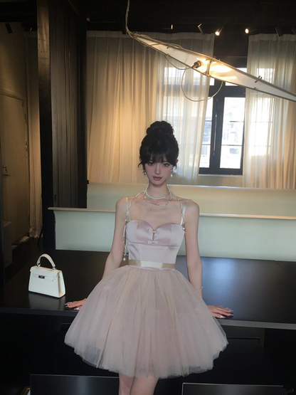 Pink suspender waist slim fit fluffy cake tulle skirt short skirt homecoming dress R5086