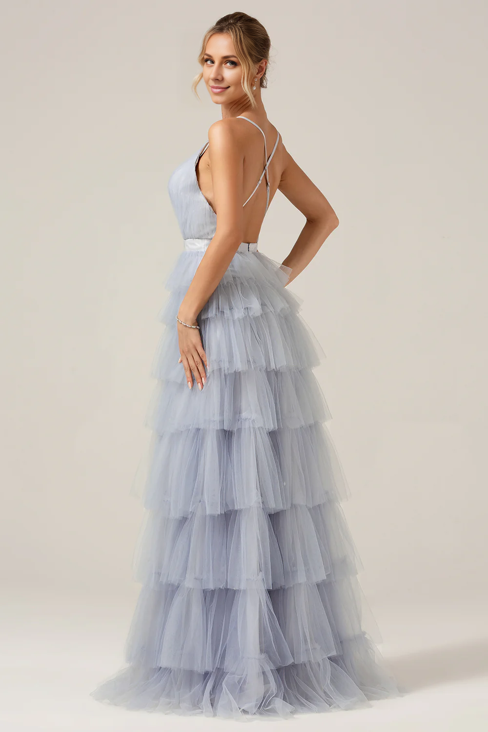 omberprom A-Line Prom Dresses Spaghetti Straps Tiered Long Tulle Maxi Dress Elegant Evening Party Dress