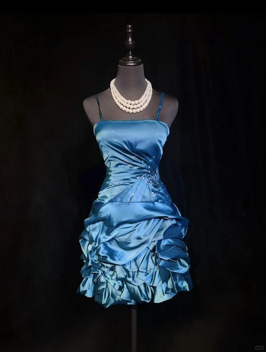 Blue suspender waist slim pleated bud skirt short skirt homecoming dress R4967