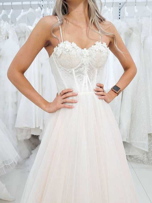 Light champagne tulle lace long prom dress, lace evening dress