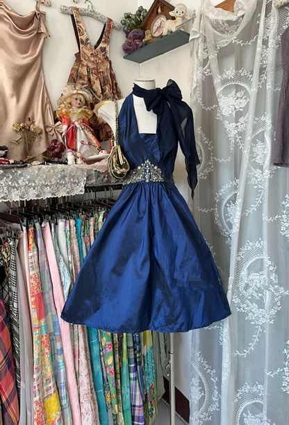 Blue satin open back slim elegant short dress, ball gown R6220