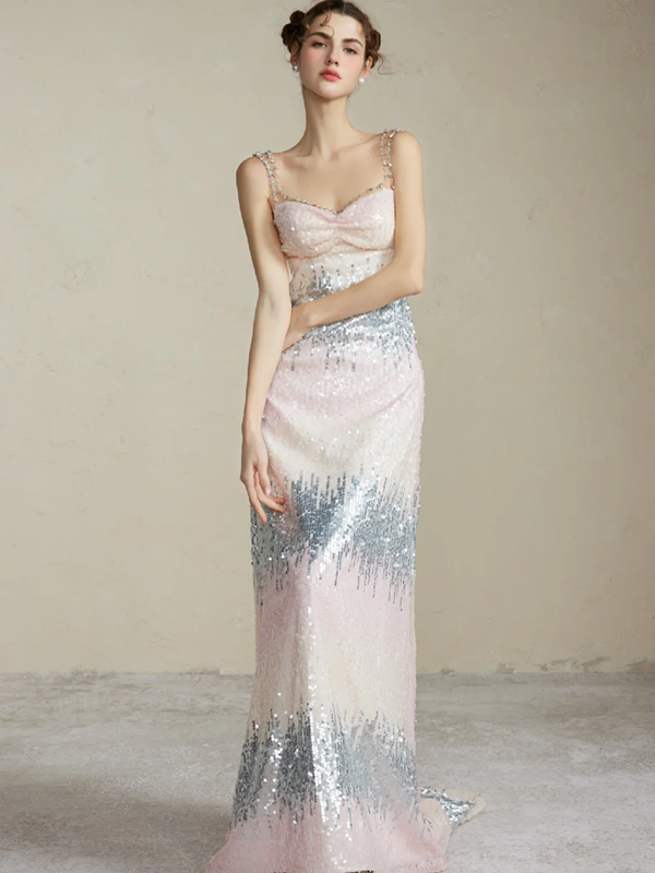 Pink Sequined Strapless Waist Sexy Maxi Bridal Dress R5785