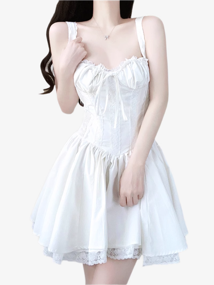 2025 Summer New White Fishbone Ballet Hottie Short A-line Suspender Dress R0974