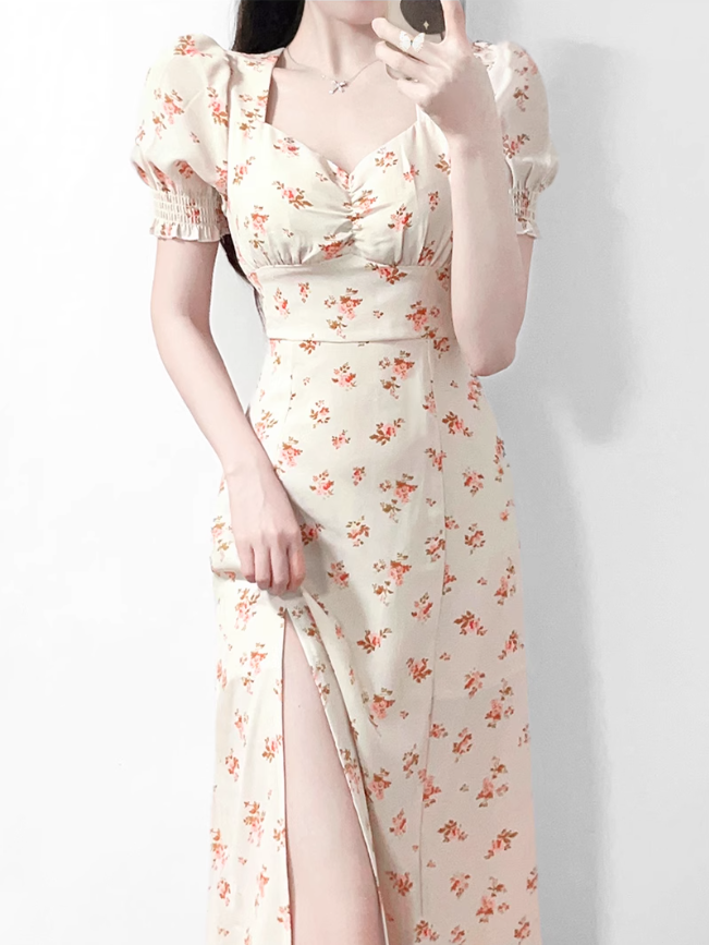 2025 Summer New French Square Neck Puff Sleeve Mid-Length Floral Waist Dress R0928