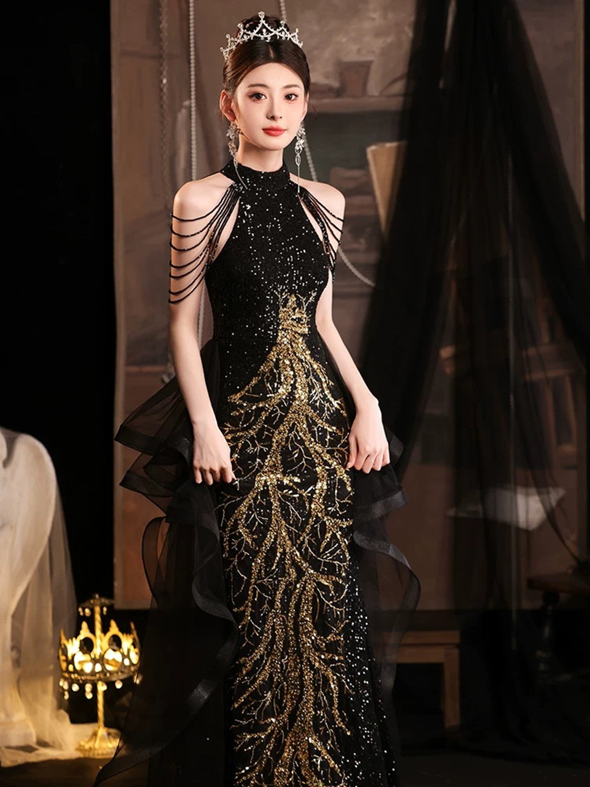 Elegant Black Sequins Halter Evening Dress With Lace Applique, Black Long Prom Dress