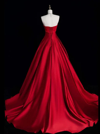 A-line Red Strapless Satin Long Formal Dress, Red Lace-up Party Dress Evening Dress
