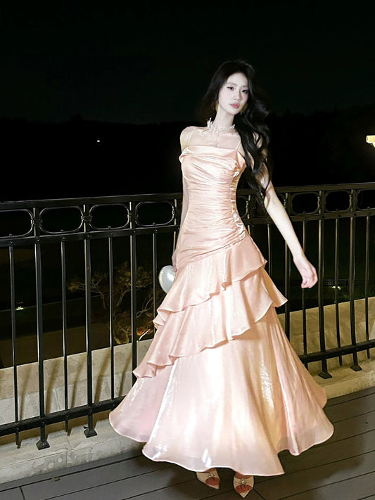 Pink Satin Mermaid Straps Chic Long Formal Dress, Pink Mermaid Prom Dress