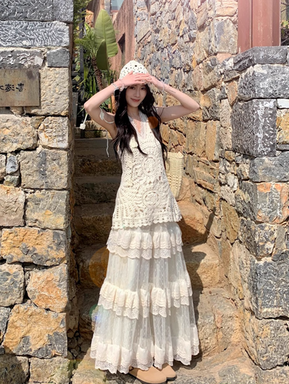 Atmosphere outfit suit holiday beautiful small sling hollow vest skirt a complete set R1746