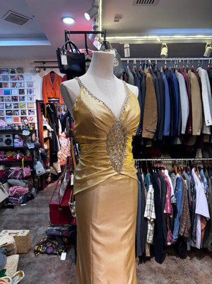Vintage Gold Mermaid V-neck Sequined Satin Long Prom Dress Evening Dress P4153