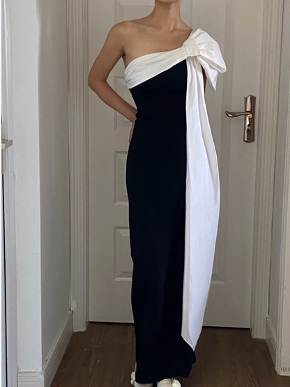 Elegant Black And White Fitted One-Shoulder Satin Long Prom Dress Evening Dress P4158