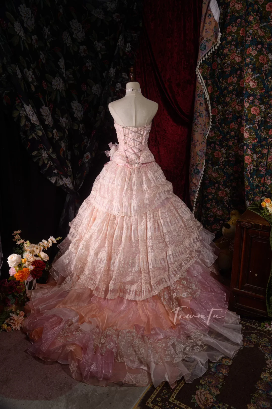 Vintage-Inspired Ruffled Pastel Pink Layered Lace A-Line Strapless Ball Gown TP5109