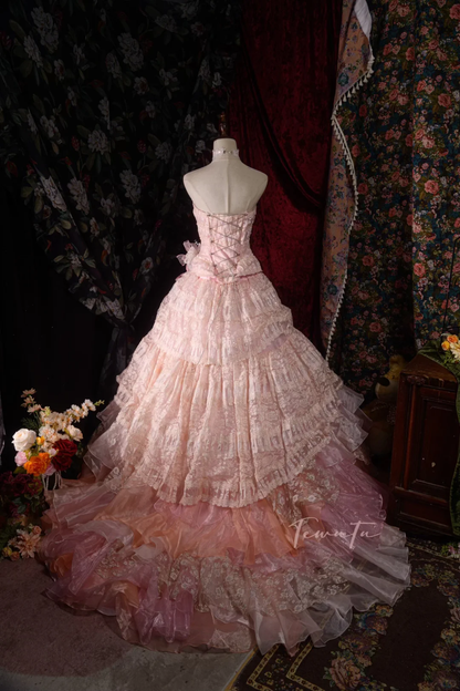 Vintage-Inspired Ruffled Pastel Pink Layered Lace A-Line Strapless Ball Gown TP5109
