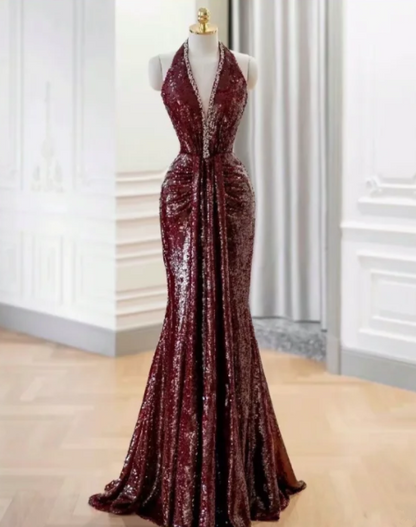Deep red halter neck, fitted waist, bodycon fishtail long ball gown R6460