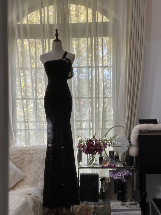Black one-shoulder halter-neck fitted waist bodycon sexy long ball gown R7735