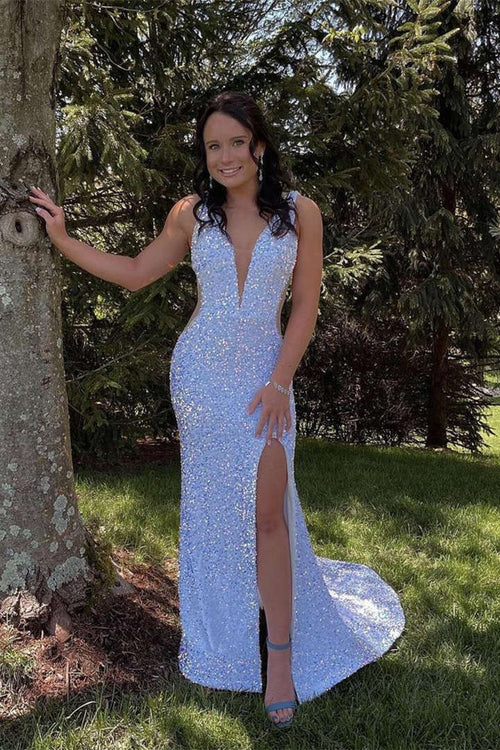 omberprom Glitter Evening Dress V-Neck Backless Sequins Long Mermaid Prom Dress