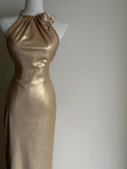 Golden sleeveless waist‑cinched slim‑fit sexy elegant long prom gown, wedding dress R8005