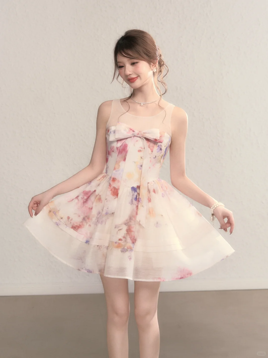 Pink floral sleeveless slim waist A-line short skirt homecoming dress R5408