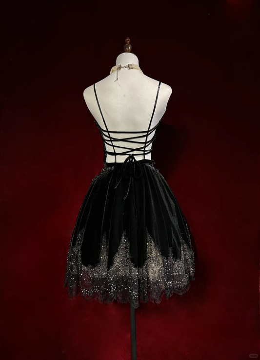 Black halter back sexy lace skirt short skirt homecoming dress R4927