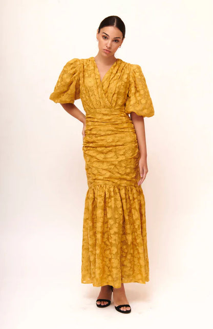 Special Yellow V-neck Lace Short Sleeve Mermaid Evening Dress Prom Dress TP1782