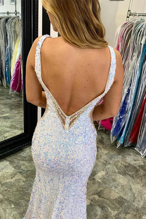 omberprom Glitter Evening Dress V-Neck Backless Sequins Long Mermaid Prom Dress