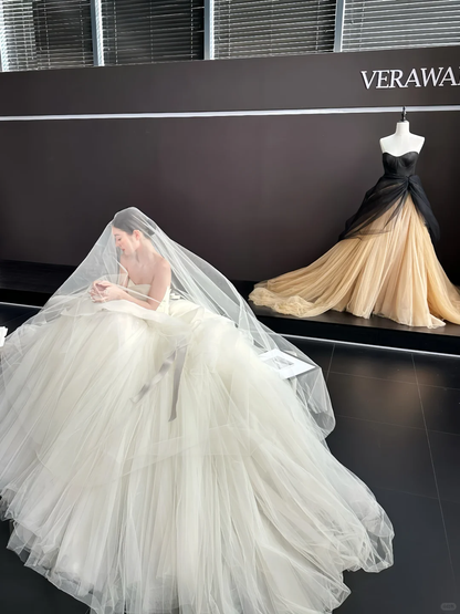 White tube top slim waist puffy skirt tulle bridal dress R6041