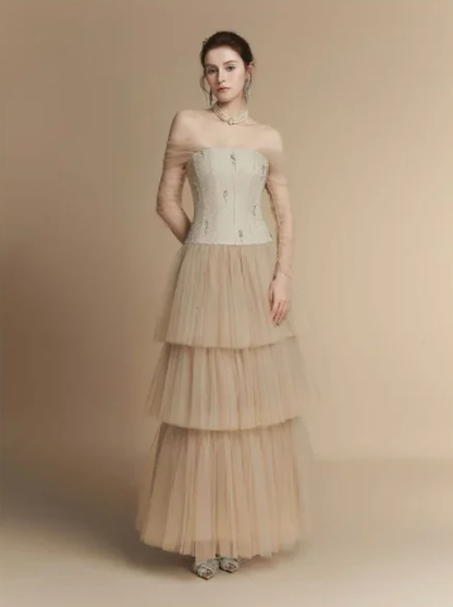 Beige one-shoulder slim waist sexy A-line cake long skirt homecoming dress R4846