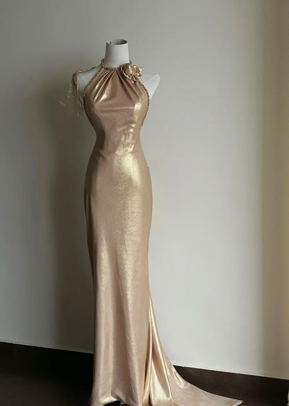 Golden sleeveless waist‑cinched slim‑fit sexy elegant long prom gown, wedding dress R8005