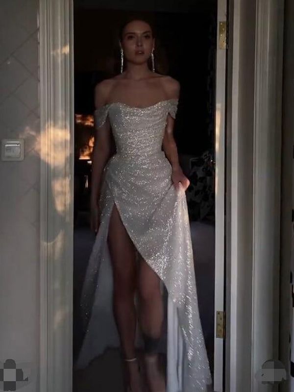PM351,Glitter Off The Shoulder Long Prom Dresses,Sparkle Bling Split Prom Evening Dresses
