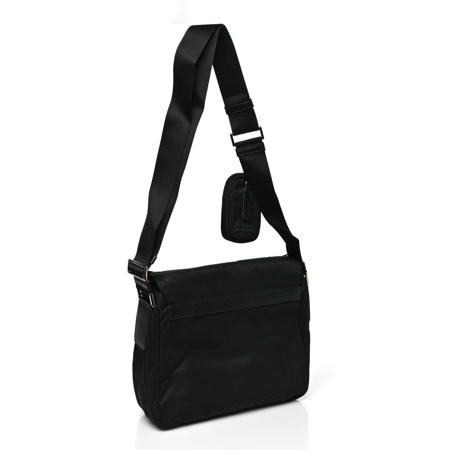Re-Nylon Vela Saffiano Pocket Single Buckle Messenger Shoulder Bag Black