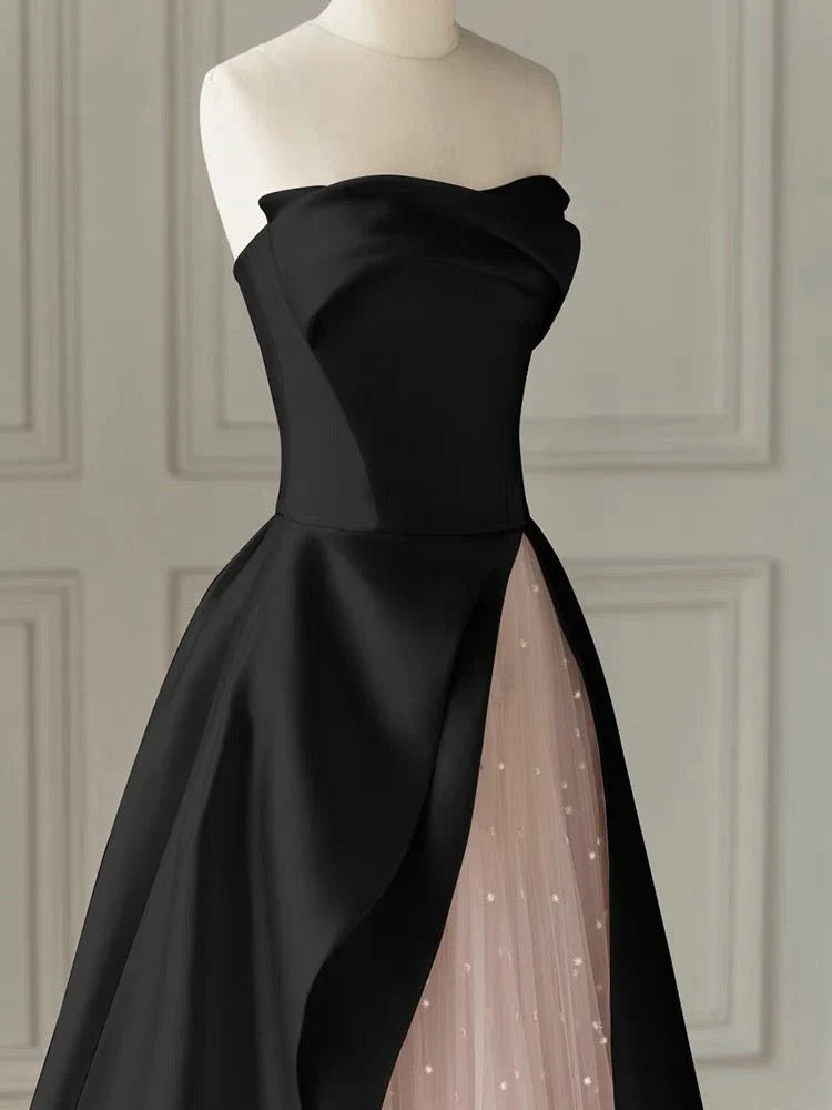 Black Strapless High-Slit Evening Gown        S7061