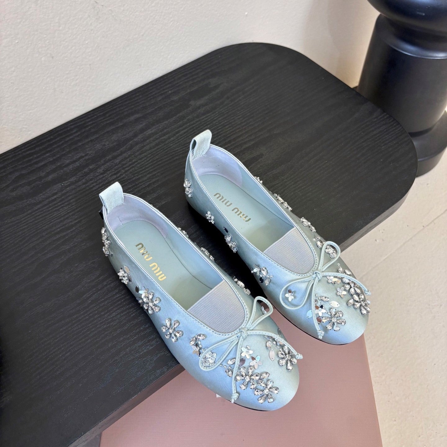Miu Ballet Flat With Floral Crystal Light Sky Blue Silk