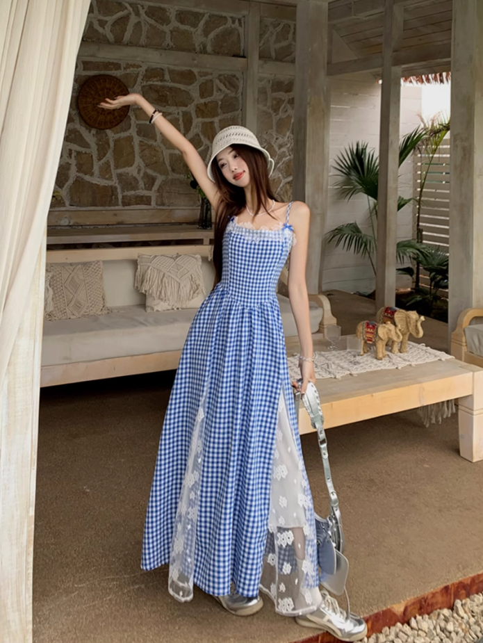 Fairy pure waist skirt suspenders plaid long skirt lace holiday style dress R1753