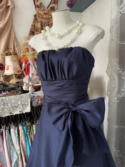 Navy Blue Strapless A-line Long Prom Dress, Long Taffeta Formal Dress with Bow