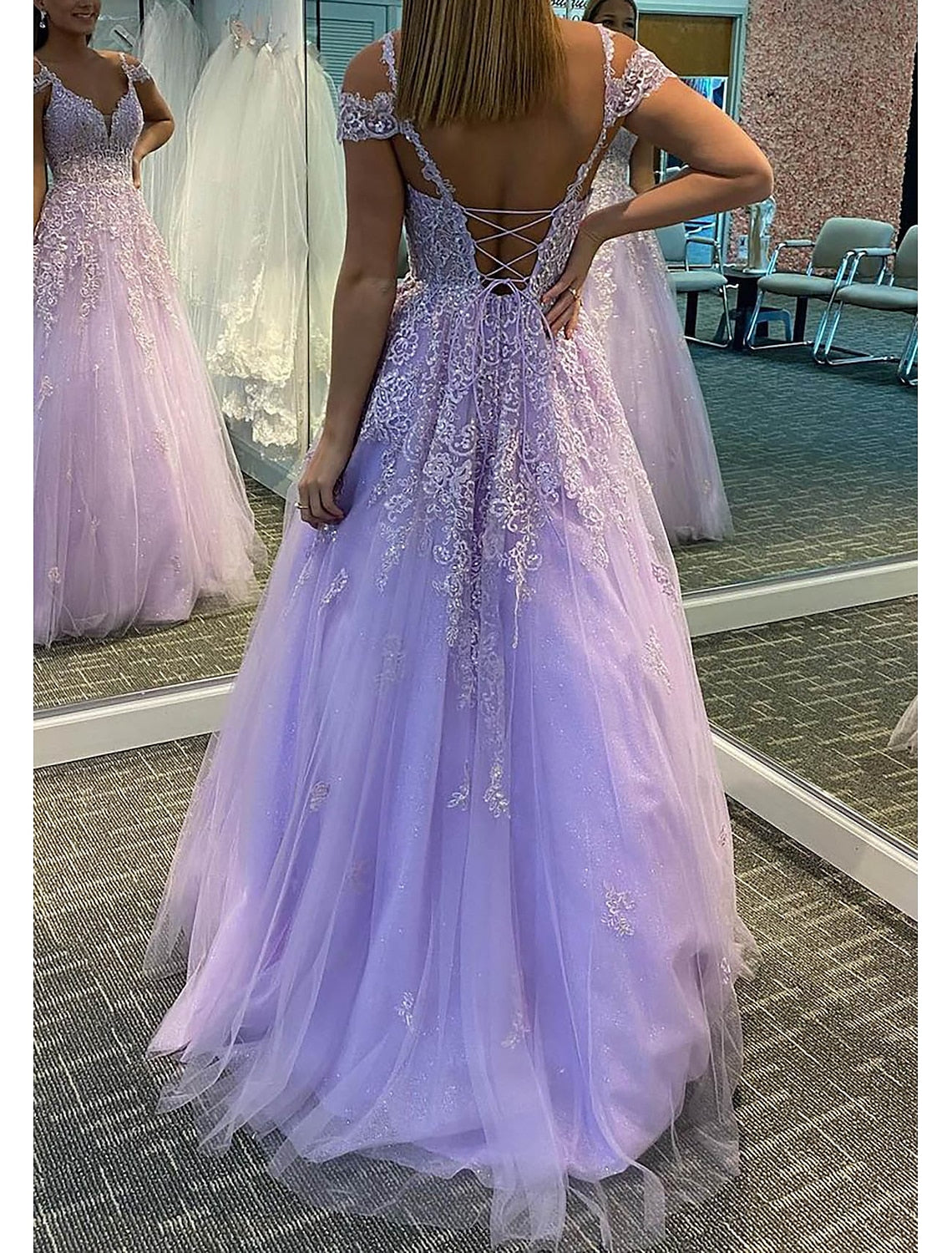 omberprom A-Line Prom Dresses Dress For Formal Dresses Gowns Evening Dresses Wedding Guest Floor Length Sleeveless V Neck Tulle Backless with Pleats Appliques