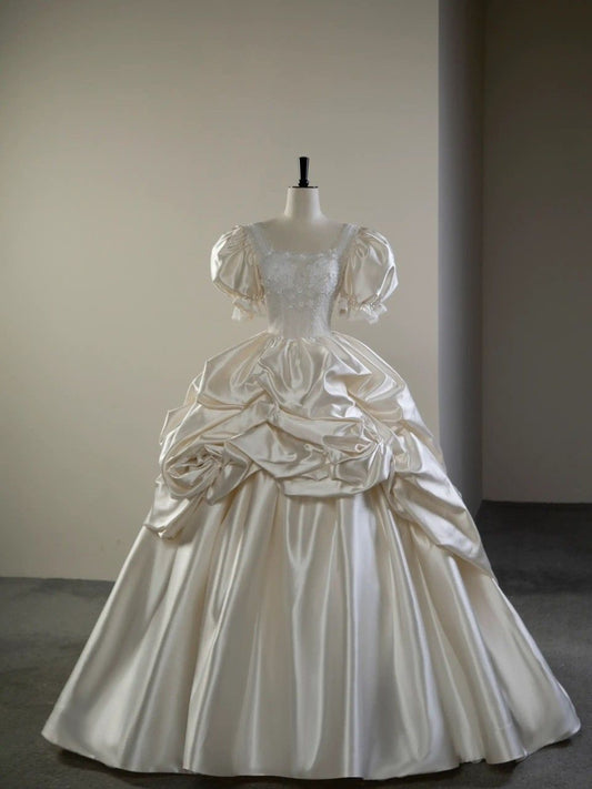 Romantic Square Neck Puff Sleeve Satin Wedding Dress A-Line Ruffled  Bridal Gown TP5098