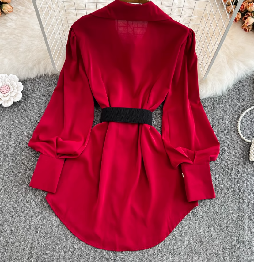 2025 Retro Temperament Waist Slimming Pleated Long Sleeve Shirt Skirt Mid-length Loose Top R0395