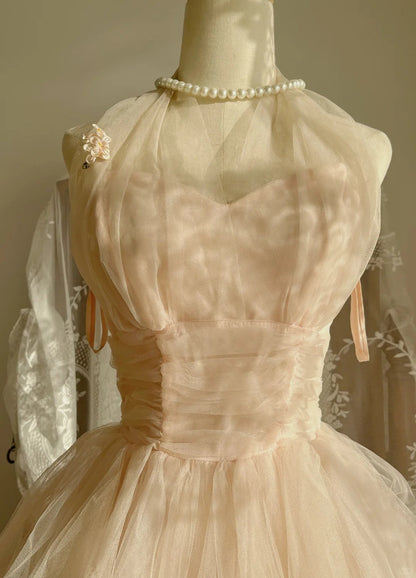 Sweet Pink Halter Neck Tulle Long Ball Gown Evening Dress P4162