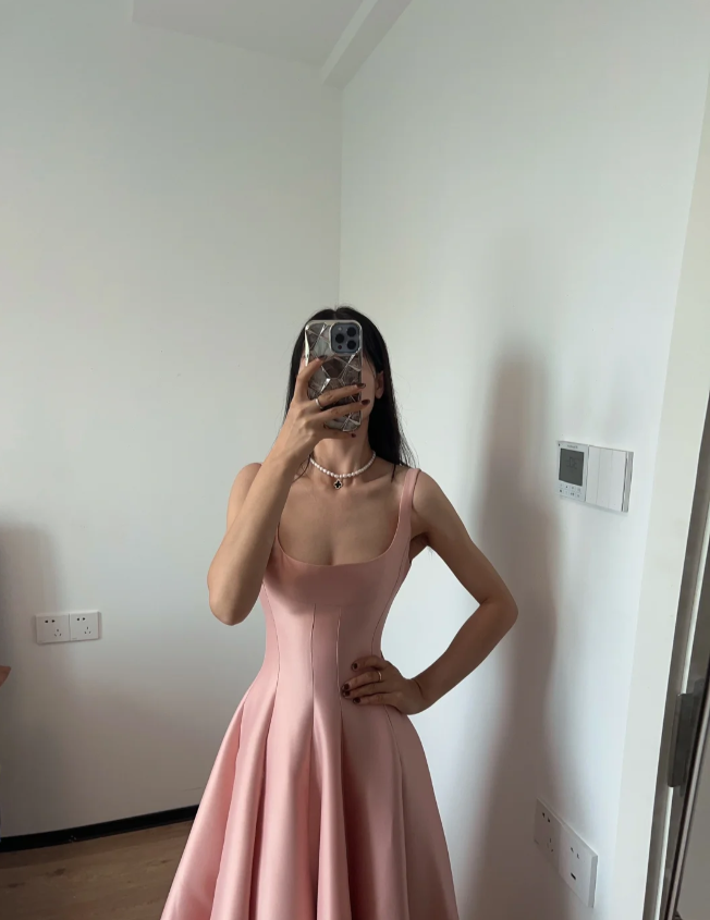 Simple And Elegant Pink A-line Square Neck Halter Satin Prom Dress Evening Dress P4167