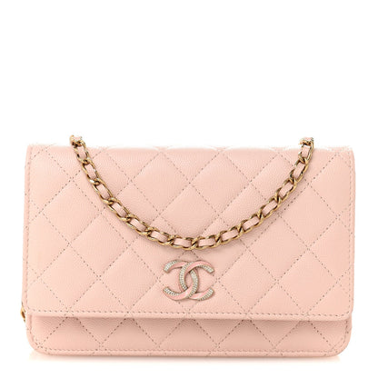 Caviar Quilted Crystal Enamel CC Wallet On Chain WOC Light Pink