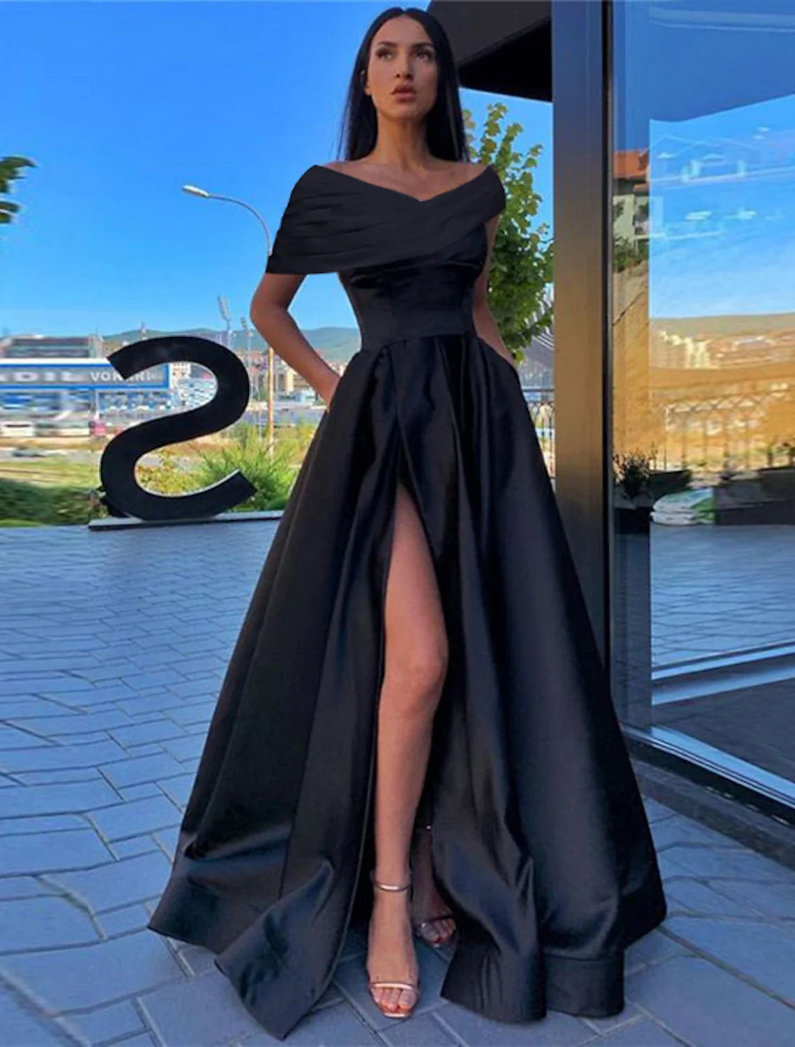 omberprom A-Line Prom Dresses Black Formal Dress Dress Evening Wedding Guest Floor Length Short Sleeve Off Shoulder Satin with Ruched