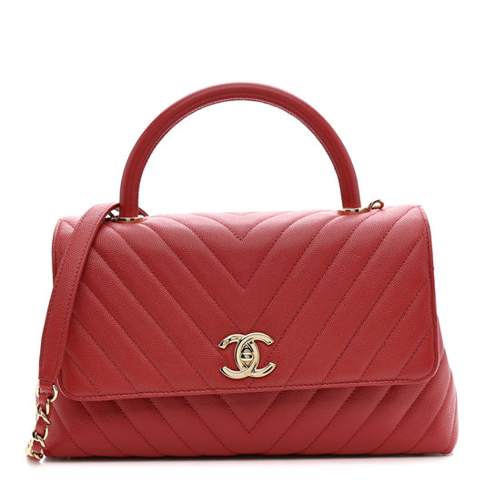 Caviar Chevron Quilted Small Coco Handle Flap Red
