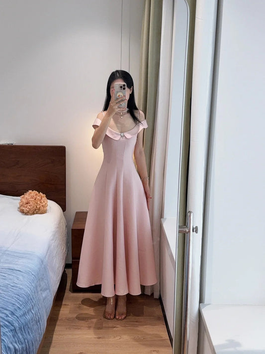 Sweet And Elegant Pink A-line Off-shoulder Satin Prom Dress Evening Dress P4169