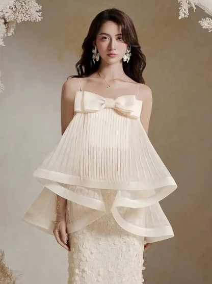 Apricot strappy bow design elegant top A-line maxi dress for homecoming R4847