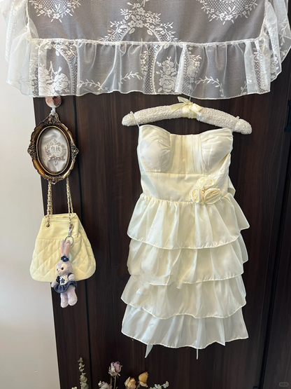 White tube top waist satin cake skirt short skirt homecoming dress R4279