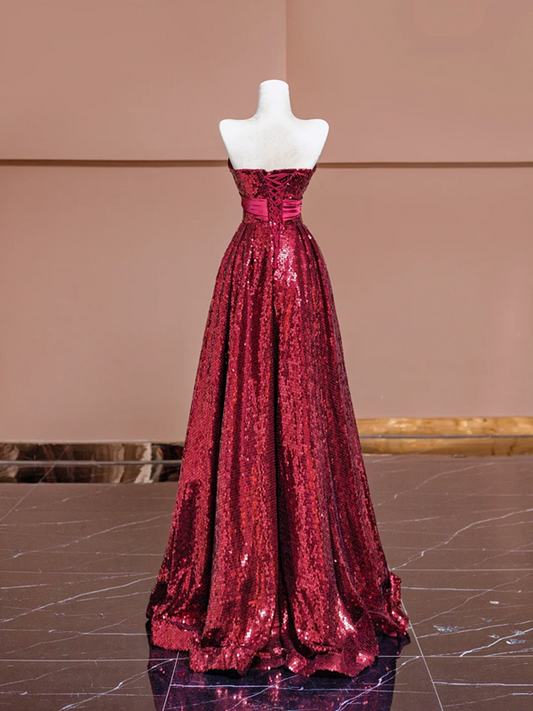 Deep red sequined strapless fitted waist elegant long ball gown, bridal dress R8381